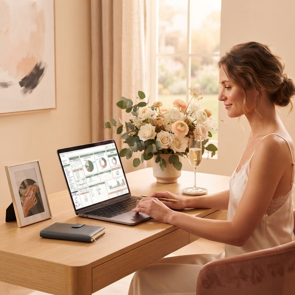 A bride planning her wedding on a laptop using a digital organizer, surrounded by soft floral decor and a glass of champagne.