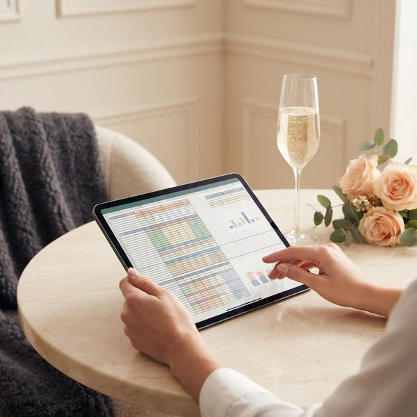 Hands using a tablet to view a wedding budget spreadsheet on a marble table with champagne and flowers.